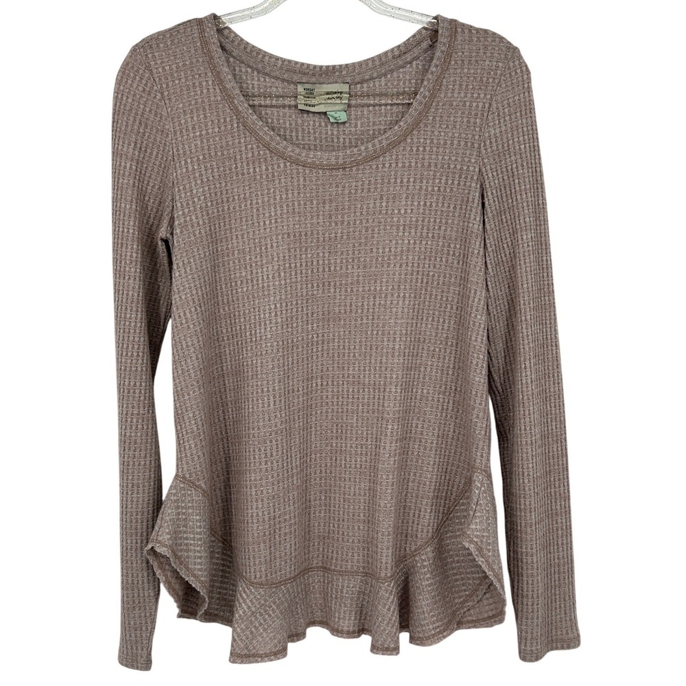 Saturday Sunday Anthropologie Mauve Waffle Knit Ruffle Back Thermal Top Medium